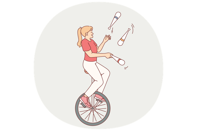 Agile Frau fährt Einrad und jongliert mit Kegeln  Illustration