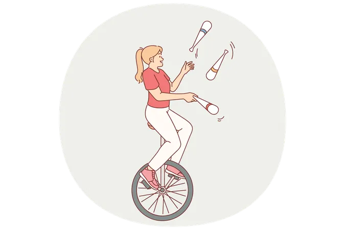 Agile Frau fährt Einrad und jongliert mit Kegeln  Illustration