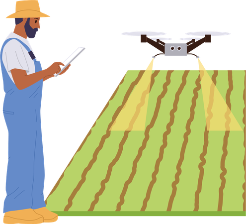 Agriculteur adulte utilisant un drone télécommandé pour le traitement aux pesticides  Illustration