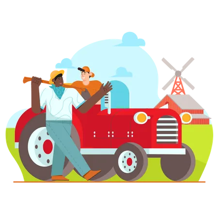 Agriculteur allant à la ferme à l'aide d'un tracteur  Illustration