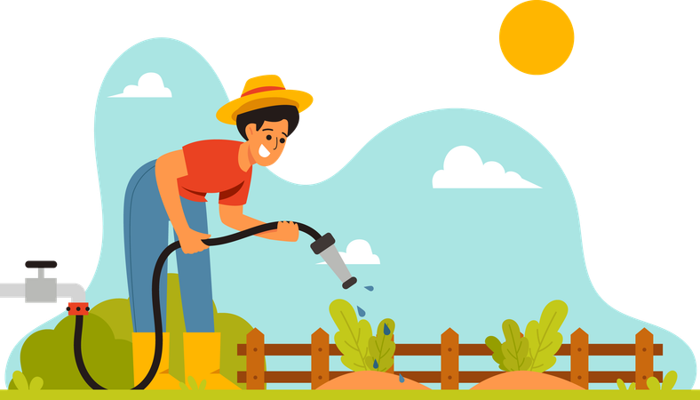 Agriculteur arrosant des légumes  Illustration
