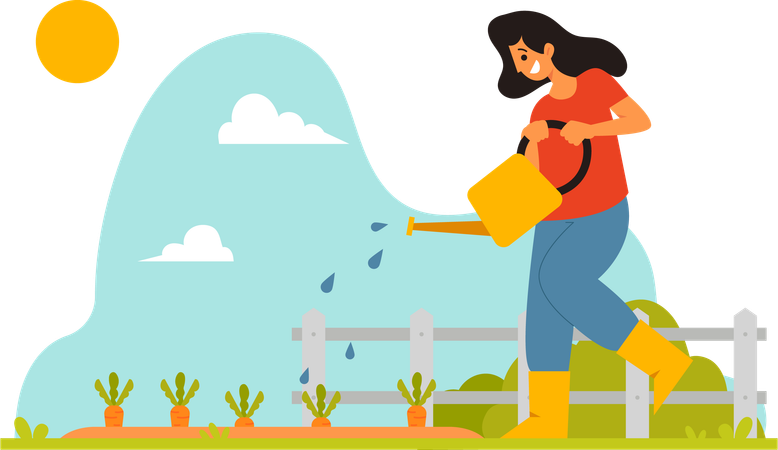 Agriculteur arrosant les carottes  Illustration