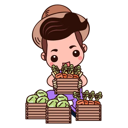 Agriculteur avec des caisses de fruits et légumes  Illustration