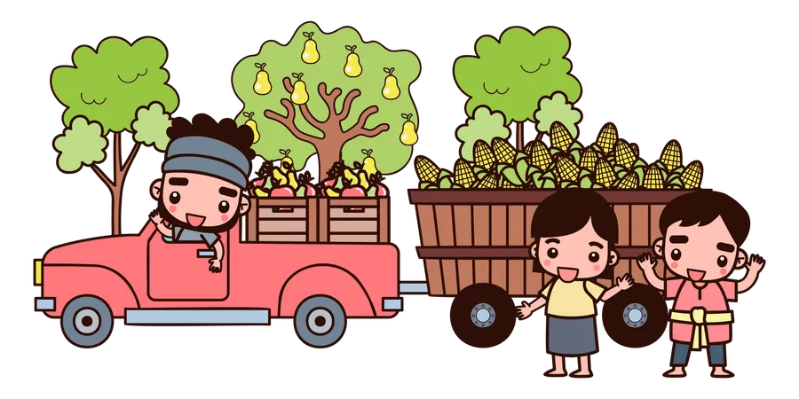 Agriculteur conduisant un camion de fruits  Illustration