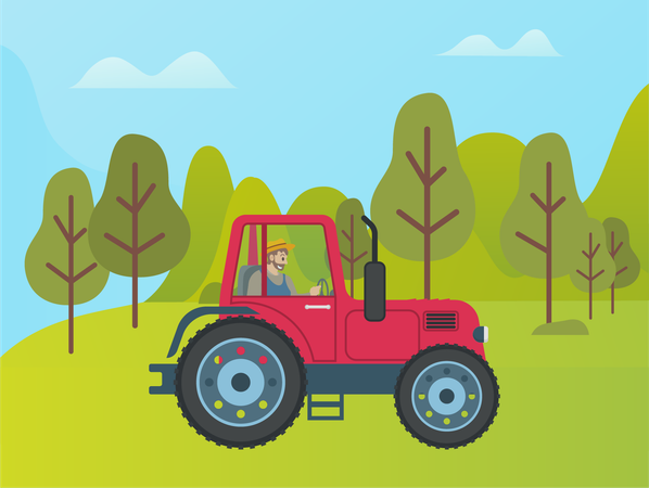 Agriculteur conduisant un tracteur dans une ferme  Illustration