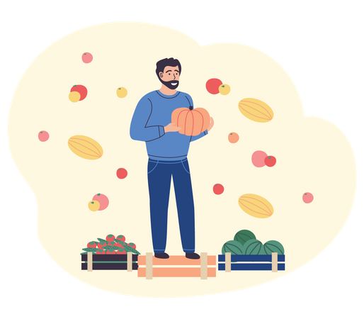 Agriculteur debout avec des paniers de fruits  Illustration