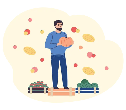 Agriculteur debout avec des paniers de fruits  Illustration