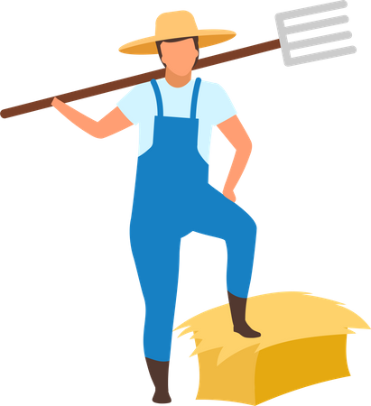 Agriculteur debout sur une balle de foin avec une fourche  Illustration