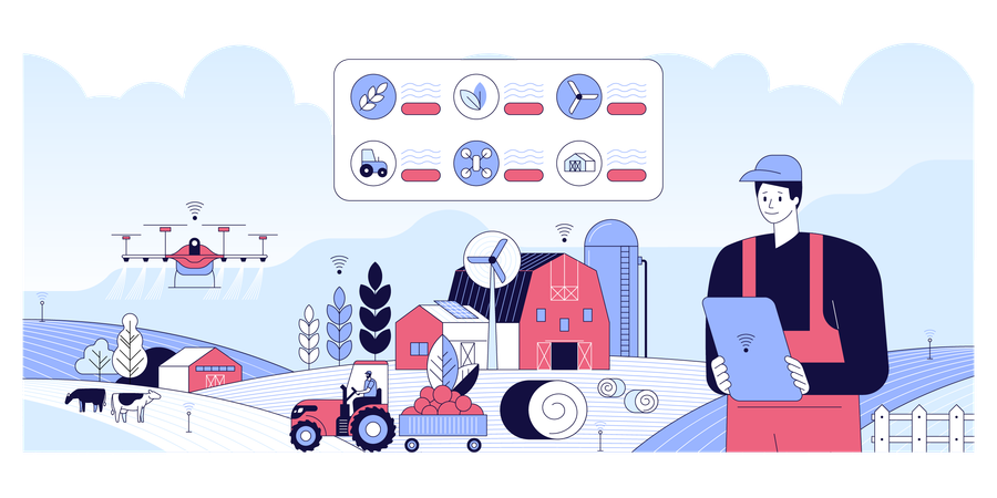 Un agriculteur gère sa ferme industrielle avec une application mobile sur sa tablette  Illustration
