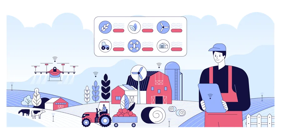 Un agriculteur gère sa ferme industrielle avec une application mobile sur sa tablette  Illustration