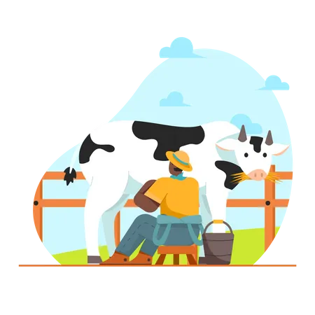 Agriculteur rassemblant du lait de vache  Illustration