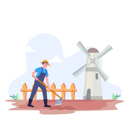 Un agriculteur creuse dans une ferme  Illustration