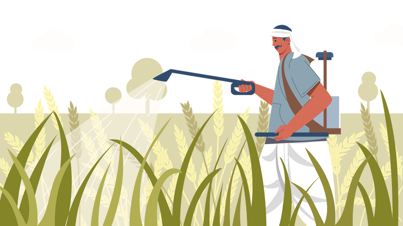 Un agriculteur pulvérise des produits chimiques sur ses cultures  Illustration