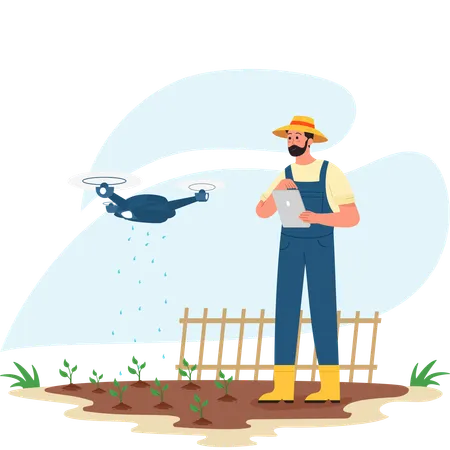 Agriculteur utilisant un drone Arrosage dans une ferme  Illustration