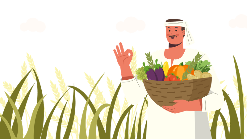 Un agriculteur indien montre sa ferme tout en tenant un seau de légumes  Illustration