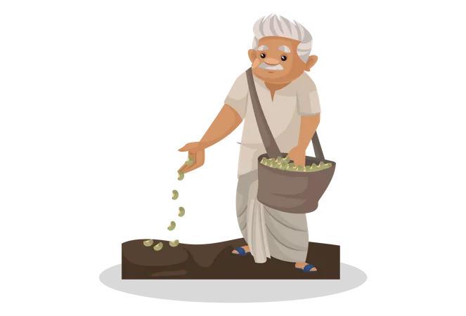 Un agriculteur indien plante des graines dans le sol  Illustration