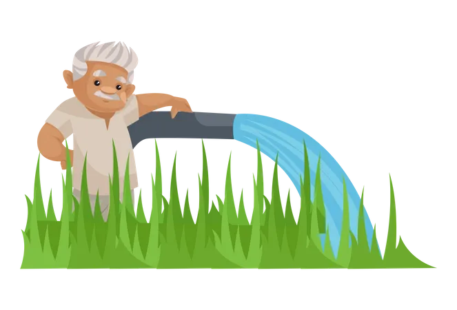 Un agriculteur indien verse de l’eau sur sa récolte  Illustration
