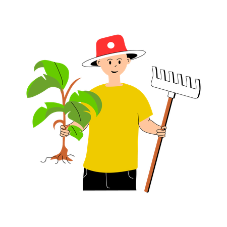 Agriculteur joyeux tenant une plante et un râteau  Illustration