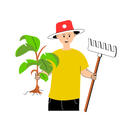 Agriculteur joyeux tenant une plante et un râteau  Illustration