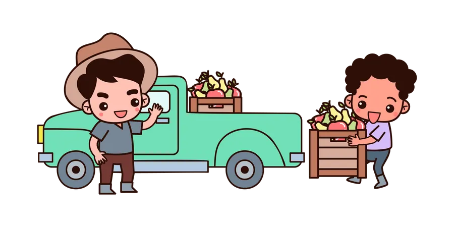 Agriculteur mettant des fruits sur un camion  Illustration