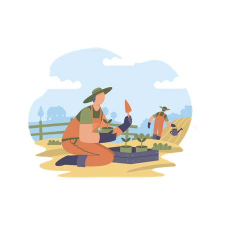 Agriculteur plantant des pousses dans le sol  Illustration