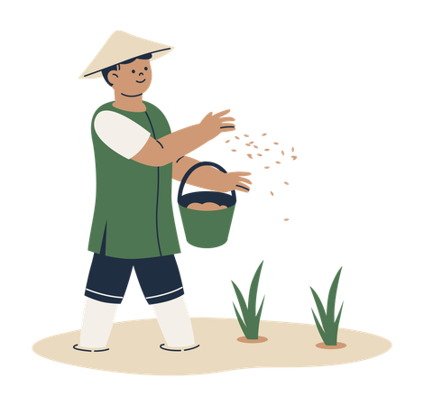 Un agriculteur plante des graines de riz  Illustration