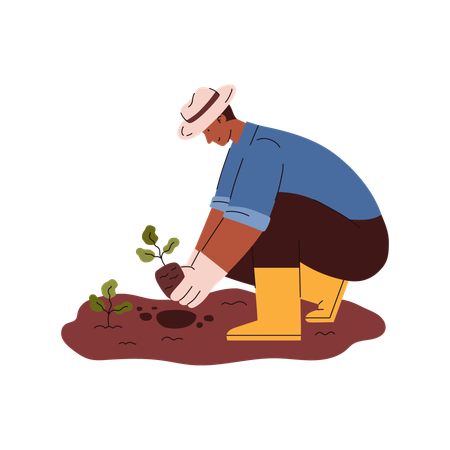 Agriculteur plantant une plante dans le sol  Illustration