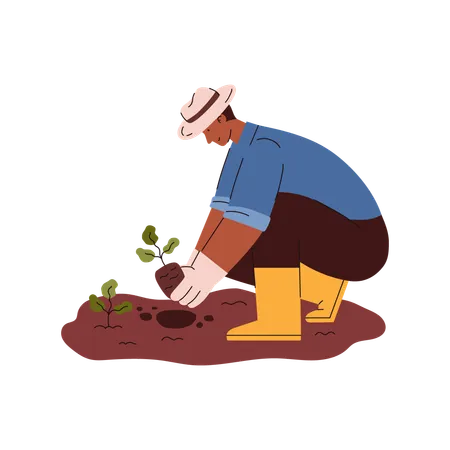 Agriculteur plantant une plante dans le sol  Illustration