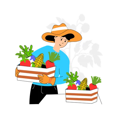 Un agriculteur récolte des légumes dans un champ  Illustration