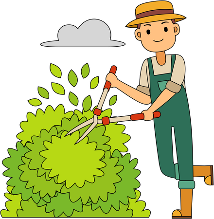 Un agriculteur taille des buissons  Illustration