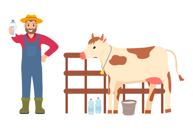 Agriculteur tenant une bouteille de lait  Illustration