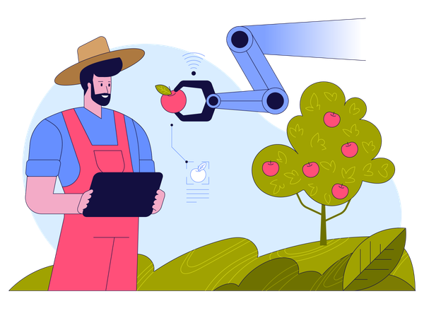 Un agriculteur tient une tablette pour surveiller un système agricole automatisé  Illustration