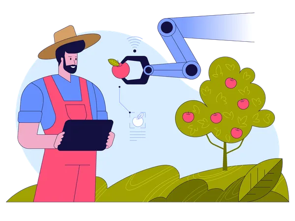 Un agriculteur tient une tablette pour surveiller un système agricole automatisé  Illustration