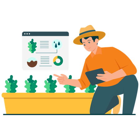 Un agriculteur travaille sur un système de surveillance des cultures  Illustration