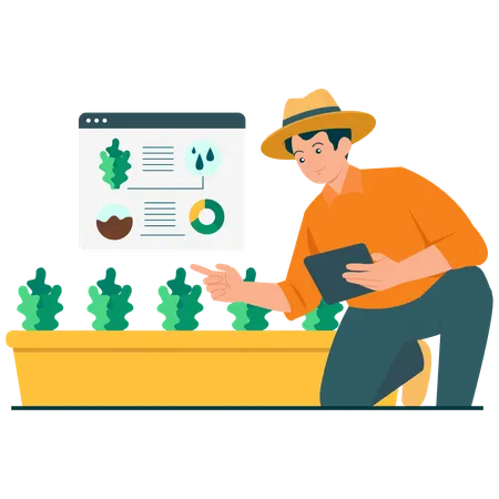Un agriculteur travaille sur un système de surveillance des cultures  Illustration