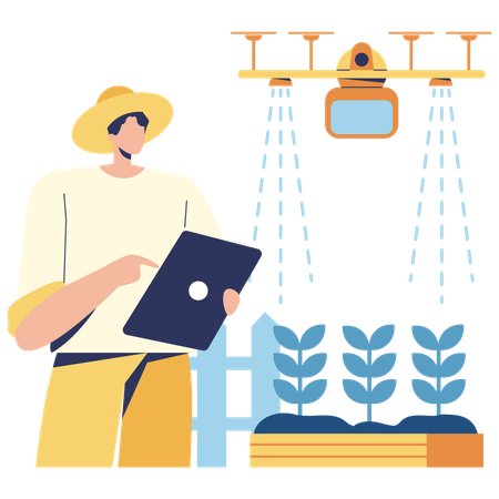 Agriculteur utilisant la technologie d'irrigation  Illustration