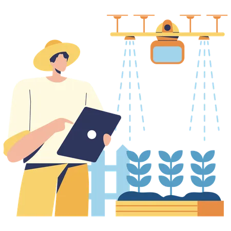 Agriculteur utilisant la technologie d'irrigation  Illustration