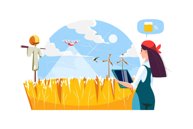 Agriculteur utilisant un drone pour arroser un champ agricole à l'aide d'une tablette  Illustration
