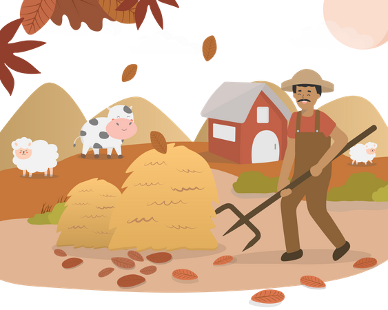 Agriculteur utilisant une fourchette pour ramasser la paille  Illustration
