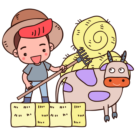 Agriculteur utilisant une fourchette pour ramasser la paille  Illustration