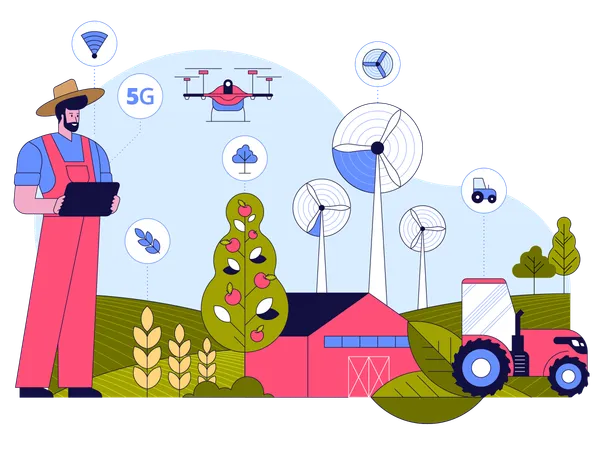 Un granjero dirige su granja utilizando una aplicación de agricultura inteligente en una tableta  Ilustración