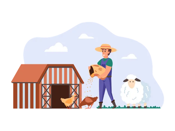 Fazendeiro alimentando galinhas  Ilustração