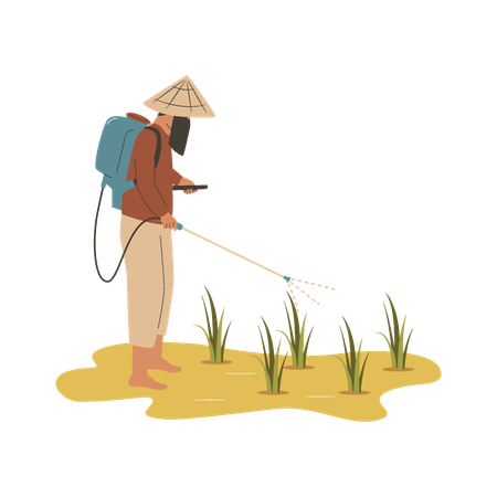 Agricultor asiático pulveriza líquido de controle de pragas  Ilustração