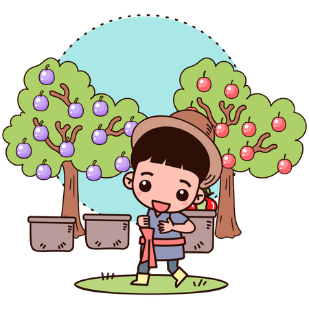 Agricultor coletando frutas na cesta  Ilustração
