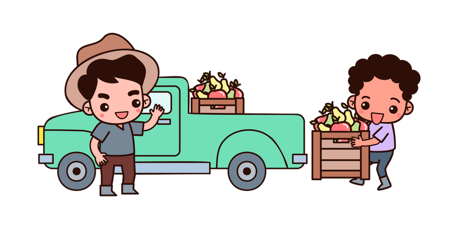 Agricultor colocando frutas no caminhão  Ilustração