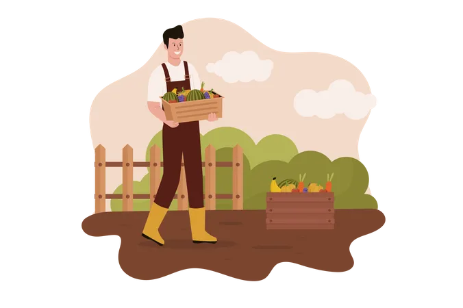 Agricultor com caixa de vegetais  Ilustração