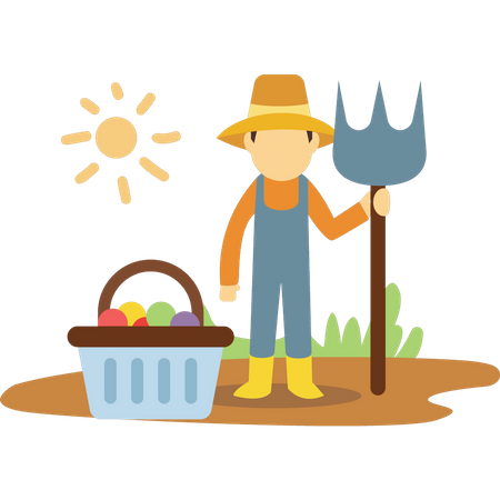 Agricultor com forcado perto de balde de frutas  Ilustração