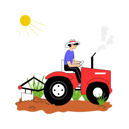 Agricultor conduciendo un tractor en el campo  Ilustración