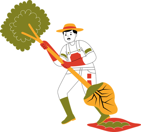 Agricultor desarraigando plantas  Ilustración