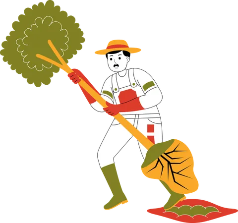 Agricultor desarraigando plantas  Ilustración